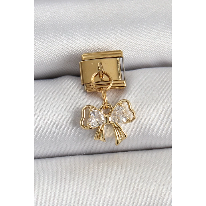 BFS 316L Çelik Sallantılı Zirkon Taşlı Fiyonk Model Gold Renk Nomination Charm