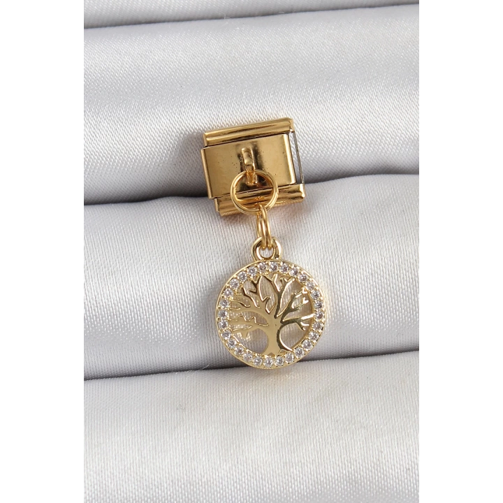 BFS 316L Çelik Sallantılı Zirkon Taşlı Hayat Ağacı Model Gold Renk Nomination Charm
