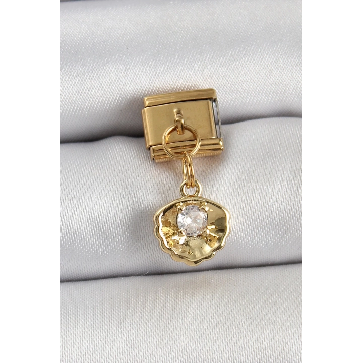 BFS 316L Çelik Sallantılı Zirkon Taşlı İstiridye Model Gold Renk Nomination Charm