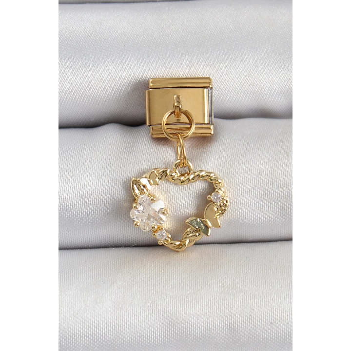 BFS 316L Çelik Sallantılı Zirkon Taşlı Kalp Model Gold Renk Nomination Charm