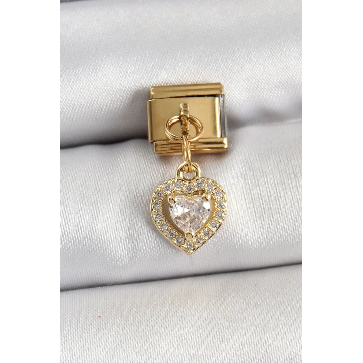 BFS 316L Çelik Sallantılı Zirkon Taşlı Kalp Model Gold Renk Nomination Charm