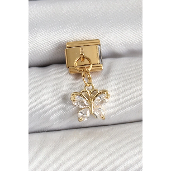 BFS 316L Çelik Sallantılı Zirkon Taşlı Kelebek Model Gold Renk Nomination Charm