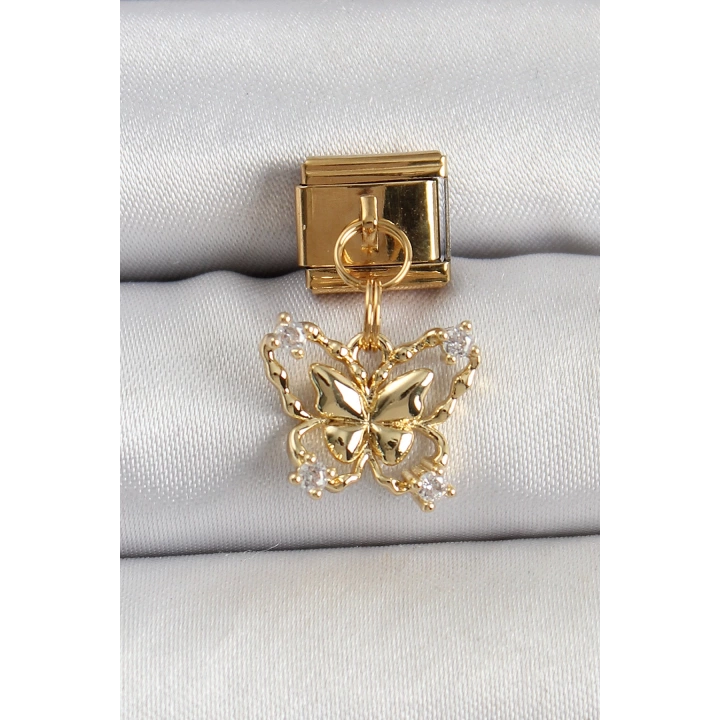 BFS 316L Çelik Sallantılı Zirkon Taşlı Kelebek Model Gold Renk Nomination Charm