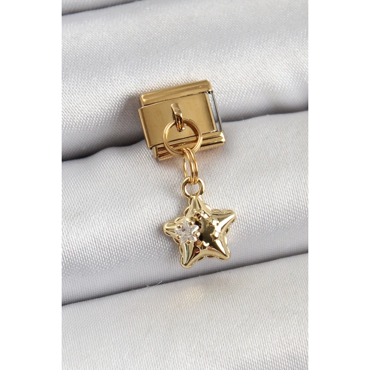 BFS 316L Çelik Sallantılı Zirkon Taşlı Yıldız Model Gold Renk Nomination Charm