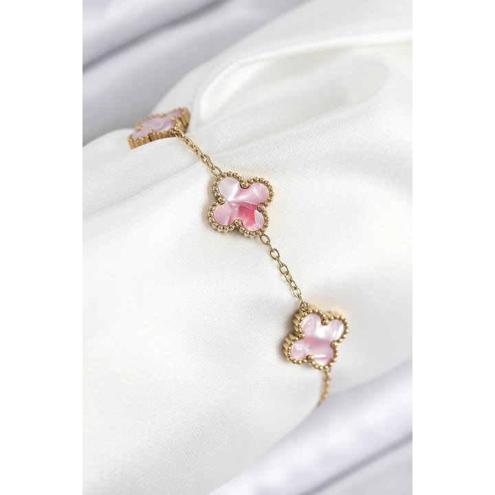 BFS 316L Çelik Sedefli Pembe Gold Renk Yonca Kadın Bileklik