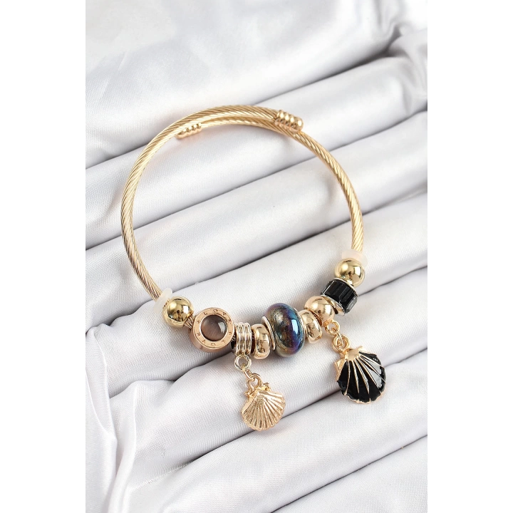 BFS 316L Çelik Siyah İstiridye Model Gold Renk Charm Bileklik