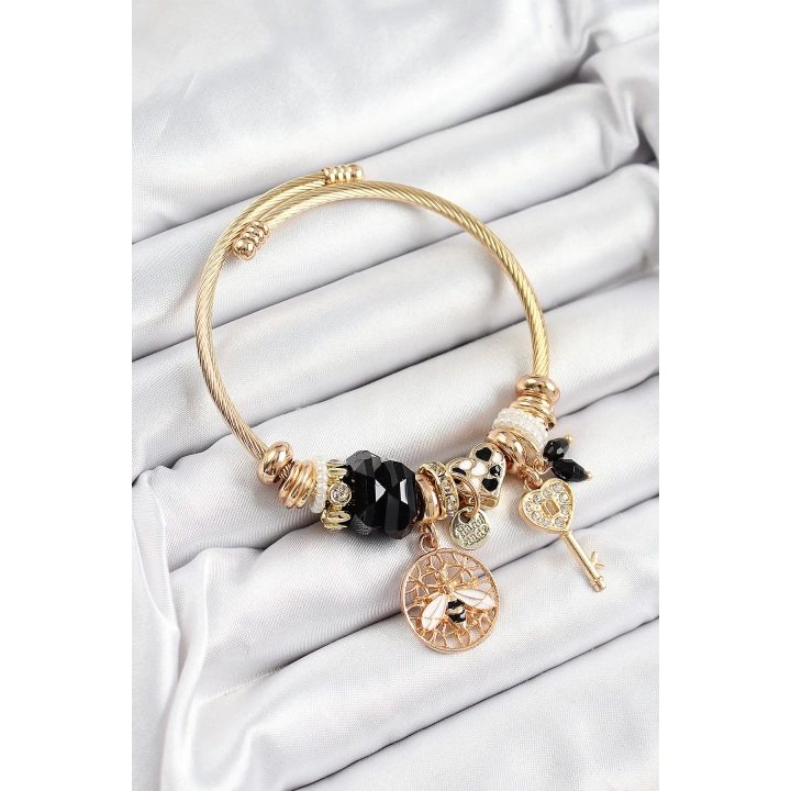 BFS 316L Çelik Siyah Zirkon Taşlı Baykuş Arı Ve Anahtar Model Gold Renk Charm Bileklik