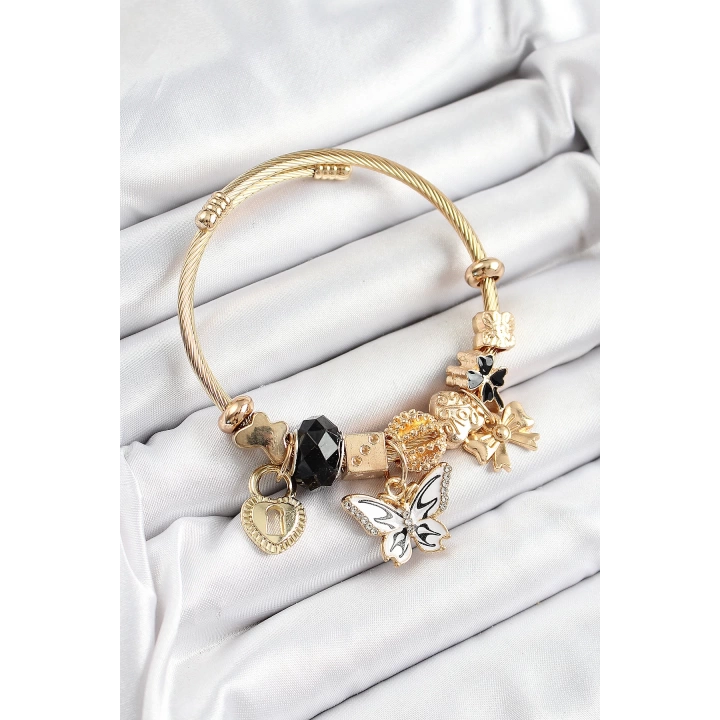 BFS 316L Çelik Siyah Zirkon Taşlı Kelebek Fiyonk Ve Kilit Model Gold Renk Charm Bileklik