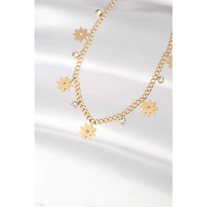 BFS 316L Çelik Taşlı Gold Renk Çoklu Çiçek Kolye