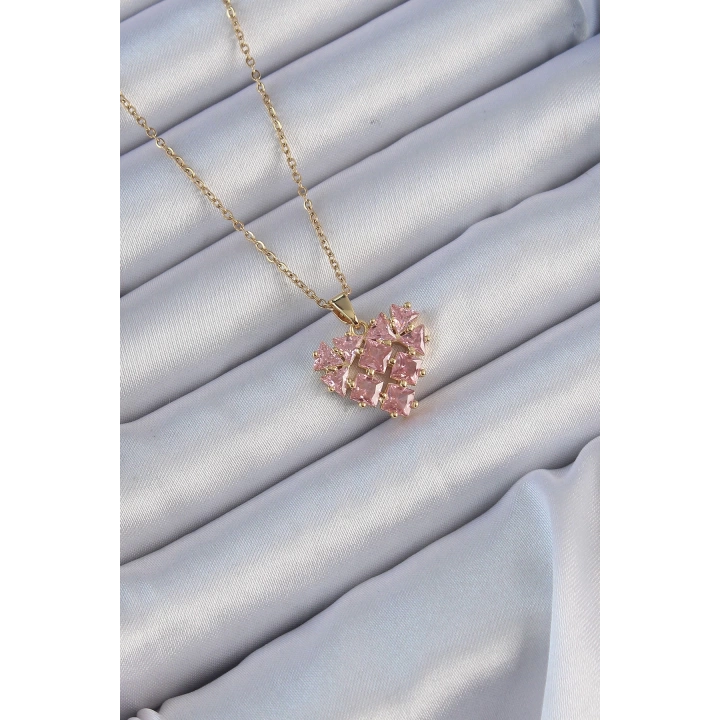 BFS 316L Çelik Zincir Altın Renk Pembe Parçalı Zirkon Taşlı Kalp Kolye