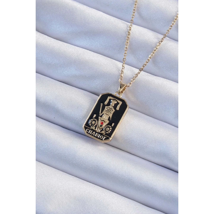 BFS 316L Çelik Zincir Altın Renk Siyah Mineli Tarot Kolye