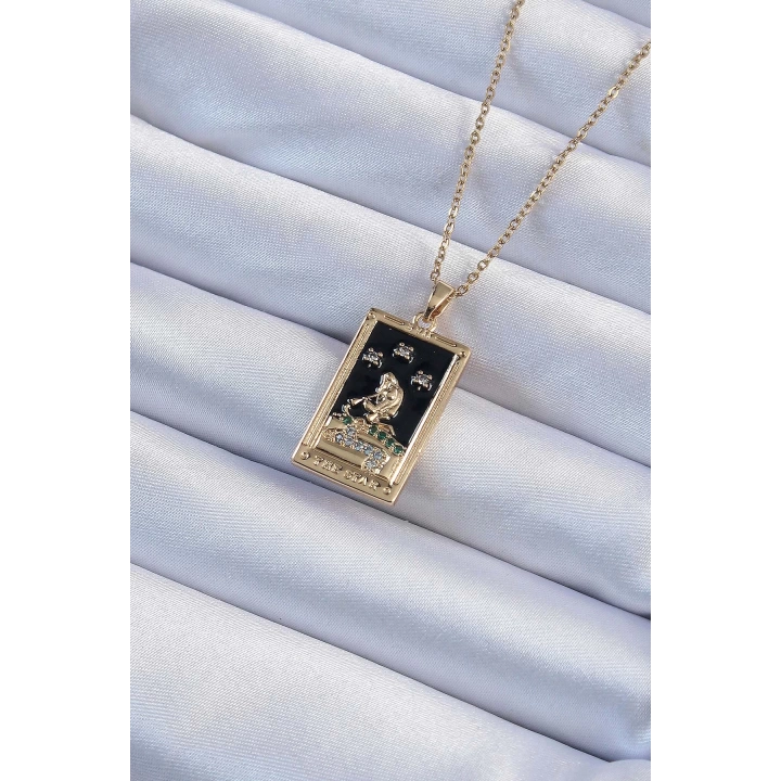 BFS 316L Çelik Zincir Altın Renk Zirkon Taşlı Siyah Mineli Kız Figürlü Tarot Kolye
