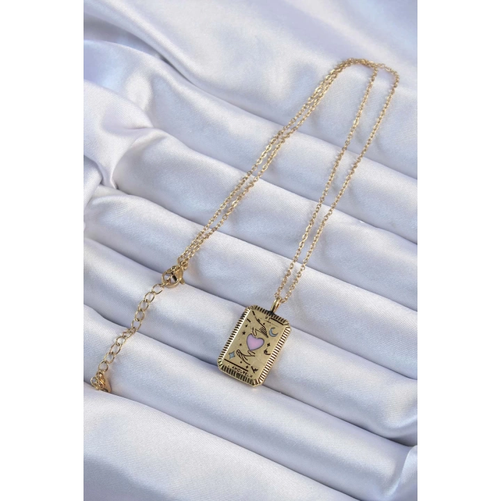 BFS 316L Çelik Zincir Eskitme Altın Renk Pembe Mineli Kalp Figürlü Tarot Kolye