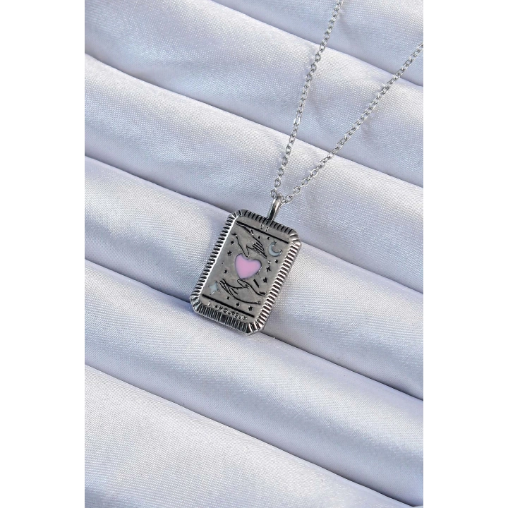 BFS 316L Çelik Zincir Eskitme Gümüş Renk Pembe Mineli Kalp Figürlü Tarot Kolye