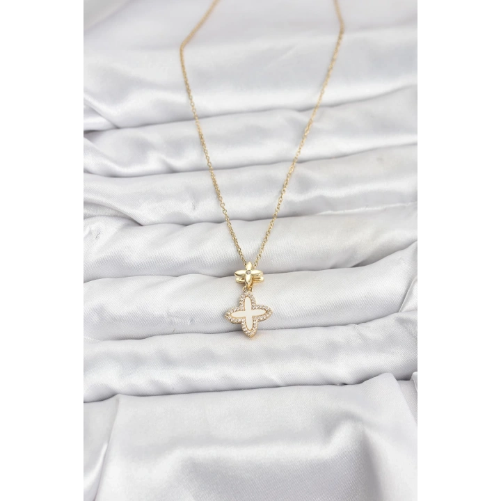 BFS 316L Çelik Zincir Gold Renk 4 Yapraklı Yonca Model Zirkon Taşlı Kadın Kolye