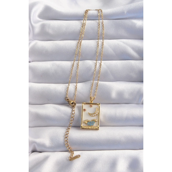 BFS 316L Çelik Zincir Gold Renk Ay Detay Mavi Zirkon Taşlı Tarot Kolye