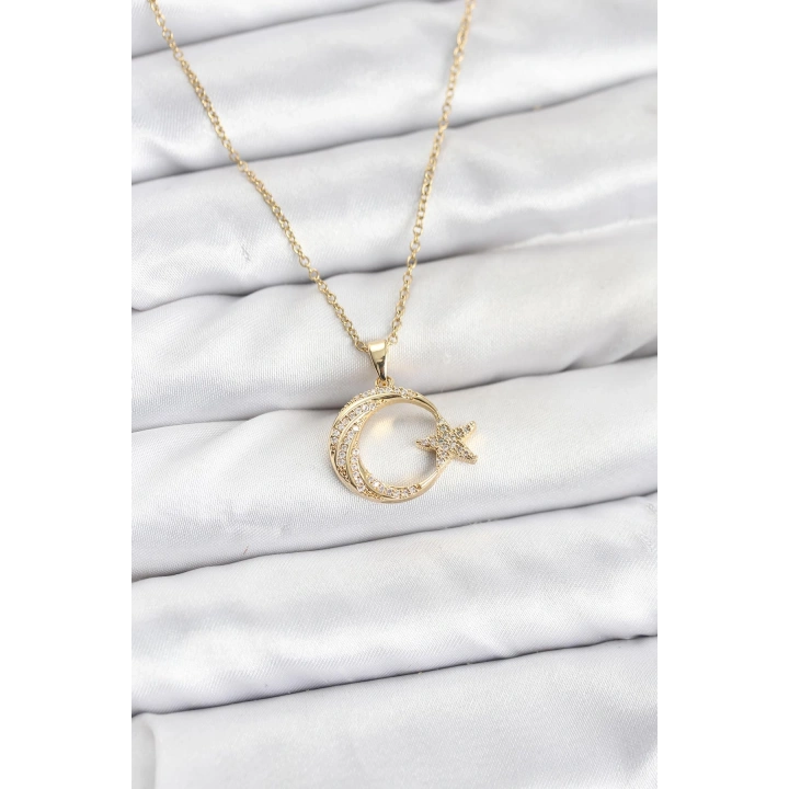 BFS 316L Çelik Zincir Gold Renk Ay Yıldız Model Zirkon Taşlı Kadın Kolye