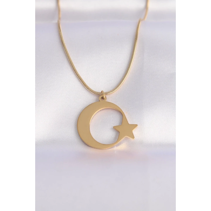 BFS 316L Çelik Zincir Gold Renk Ay Yıldız Unisex Kolye