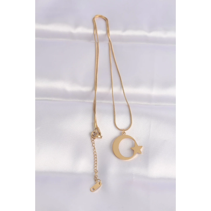 BFS 316L Çelik Zincir Gold Renk Ay Yıldız Unisex Kolye