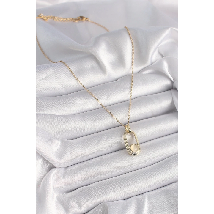 BFS 316L Çelik Zincir Gold Renk Beyaz Kedi Göz Model Kadın Kolye