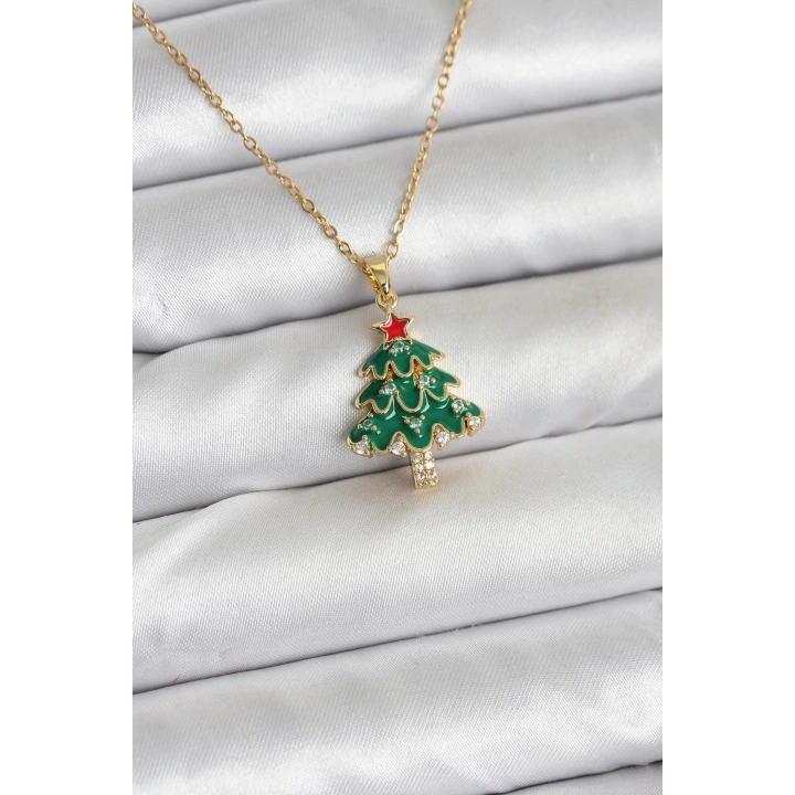 BFS 316L Çelik Zincir Gold Renk Çam Ağacı Model Yılbaşı Temalı Kadın Kolye
