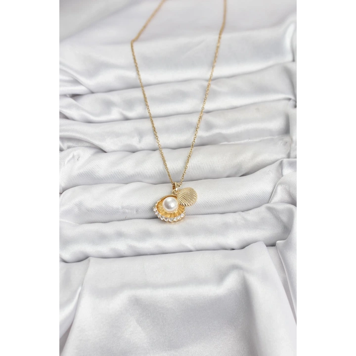 BFS 316L Çelik Zincir Gold Renk İncili Deniz Kabuğu Model Zirkon Taşlı Kadın Kolye