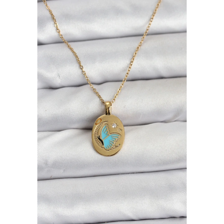 BFS 316L Çelik Zincir Gold Renk Kelebek Figür Kadın Kolye