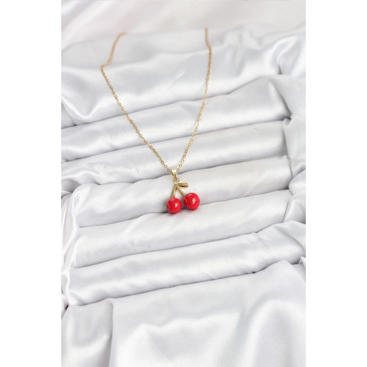 BFS 316L Çelik Zincir Gold Renk Kiraz Model Kadın Kolye