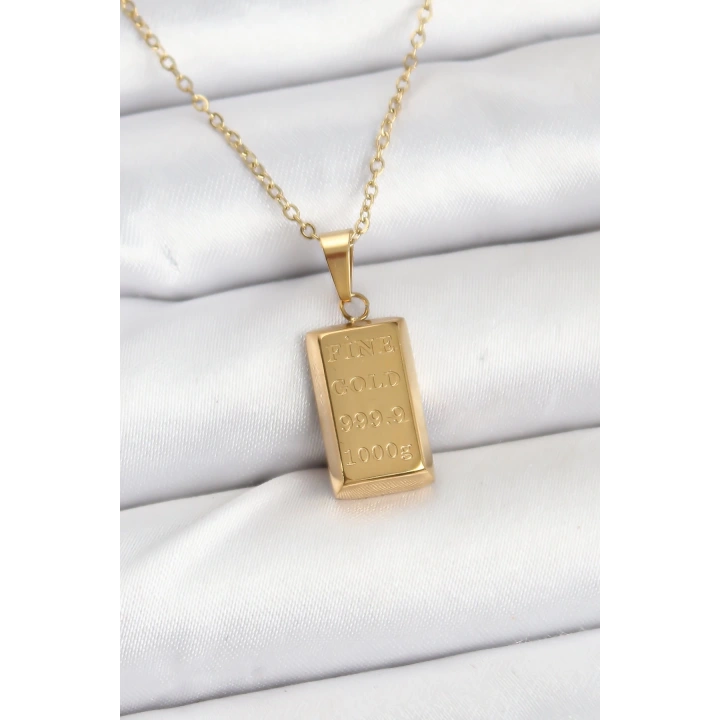 BFS 316L Çelik Zincir Gold Renk Külçe Altın Model Kadın Kolye