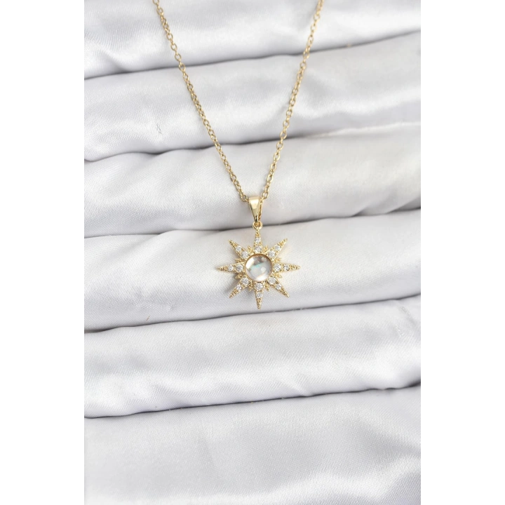 BFS 316L Çelik Zincir Gold Renk Kutup Yıldızı Model Zirkon Taşlı Kadın Kolye