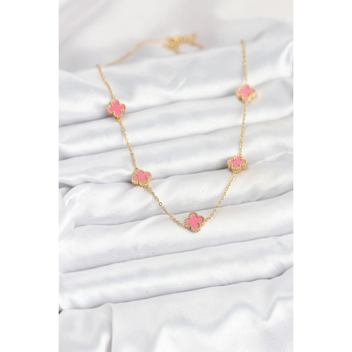 BFS 316L Çelik Zincir Gold Renk Pembe Baby Boy Yonca Kadın Kolye