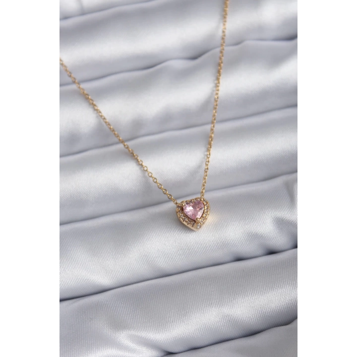 BFS 316L Çelik Zincir Gold Renk Pembe Zirkon Taşlı Charm Kadın Kolye