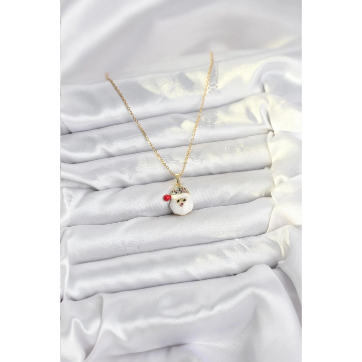 BFS 316L Çelik Zincir Gold Renk Şapkalı Kardan Adam Kafası Model Yılbaşı Temalı Kadın Kolye