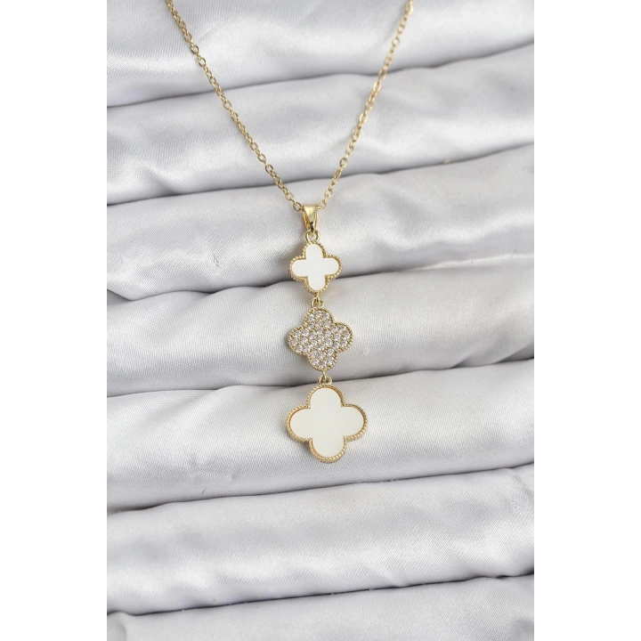 BFS 316L Çelik Zincir Gold Renk Yonca Detaylı Zirkon Taşlı Kadın Kolye