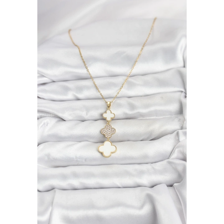 BFS 316L Çelik Zincir Gold Renk Yonca Detaylı Zirkon Taşlı Kadın Kolye