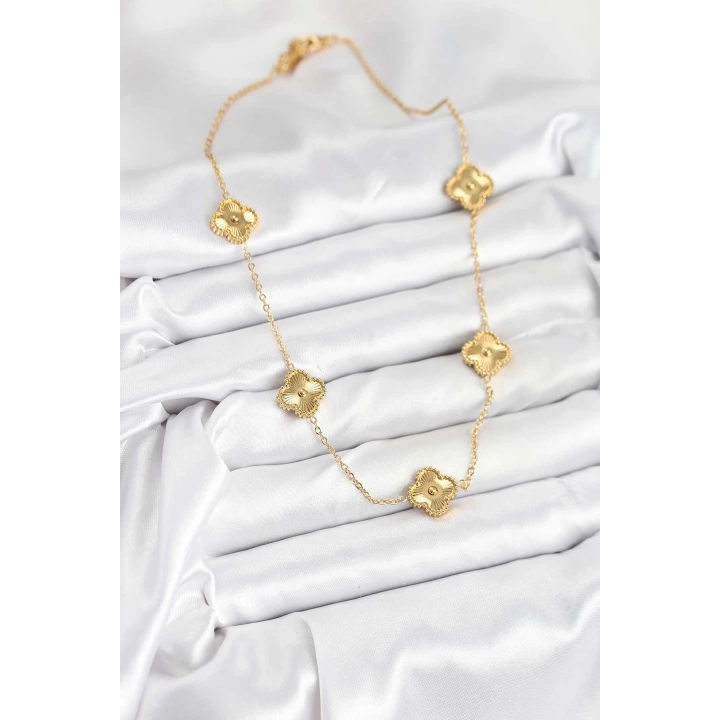 BFS 316L Çelik Zincir Gold Renk Yonca Kadın Kolye