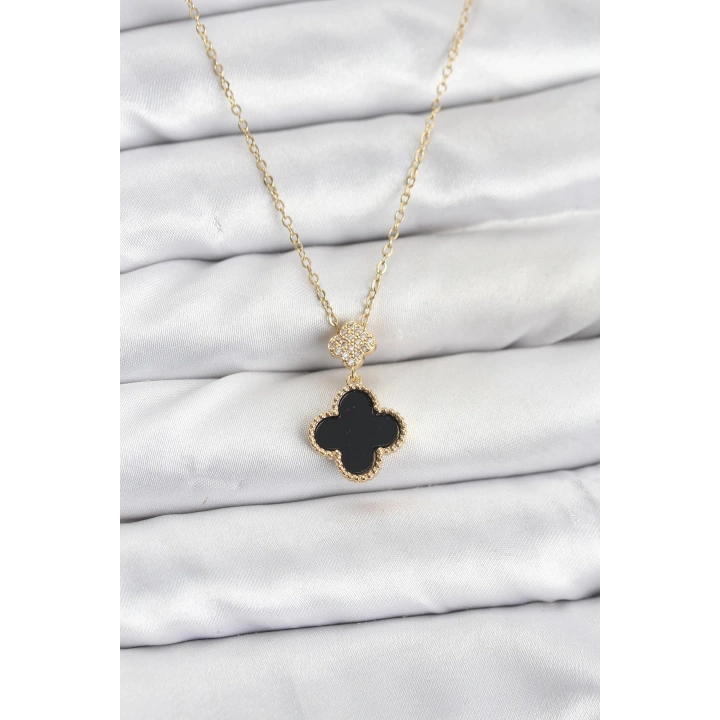 BFS 316L Çelik Zincir Gold Renk Yonca Model Zirkon Taşlı Kadın Kolye