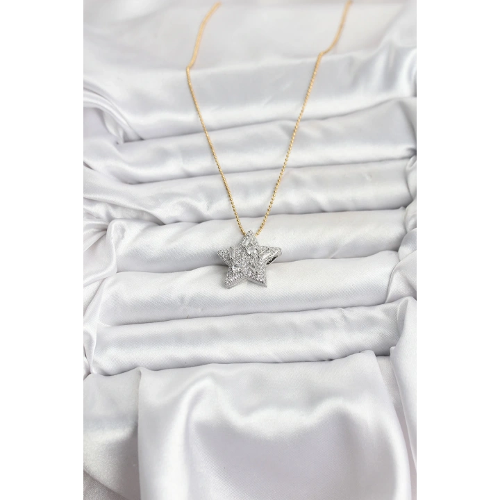 BFS 316L Çelik Zincir Gold Renk Zincirli Gümüş Yıldız Model Kadın Kolye
