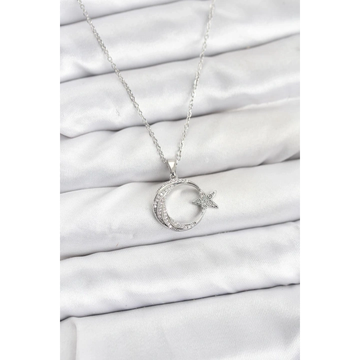 BFS 316L Çelik Zincir Gümüş Renk Ay Yıldız Model Zirkon Taşlı Kadın Kolye