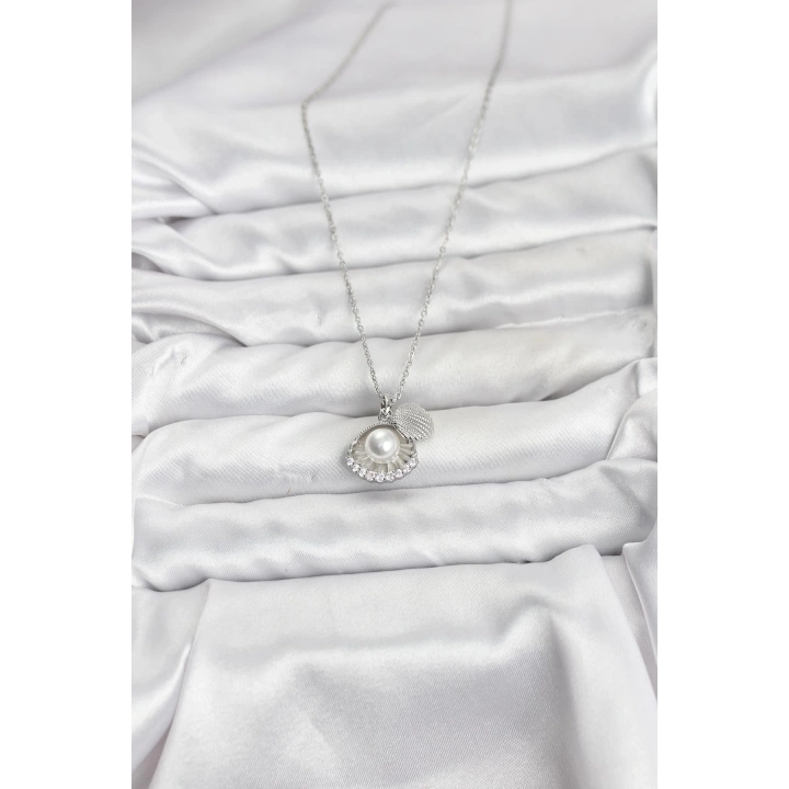 BFS 316L Çelik Zincir Gümüş Renk İncili Deniz Kabuğu Model Zirkon Taşlı Kadın Kolye