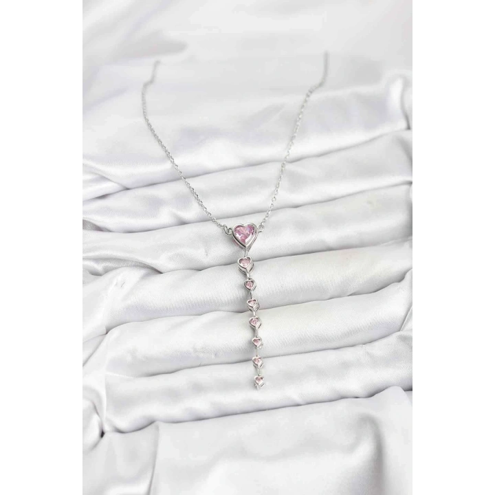 BFS 316L Çelik Zincir Gümüş Renk Pembe Kalp Kadın Kolye