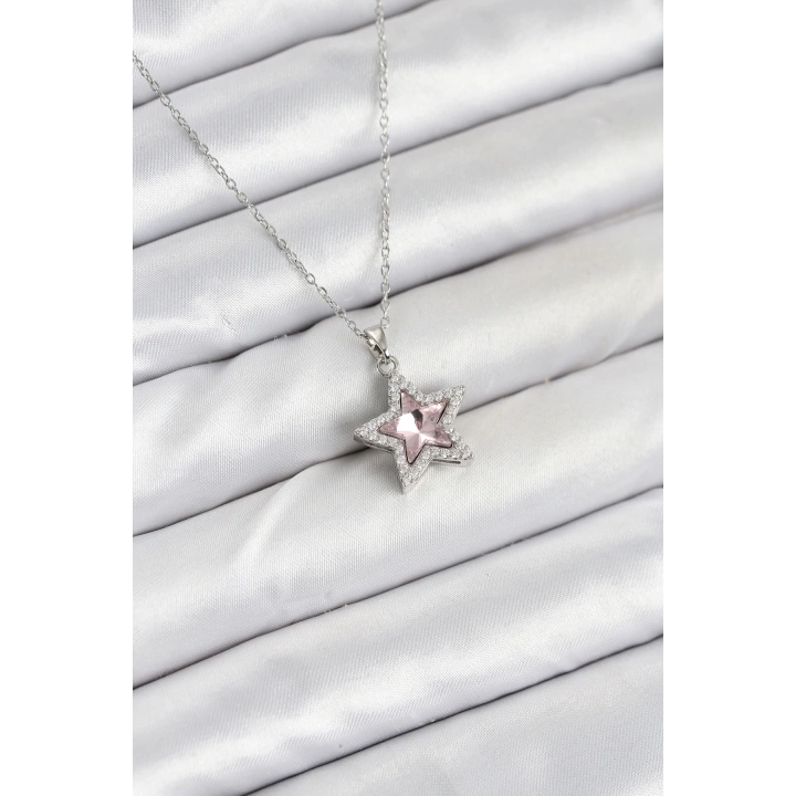 BFS 316L Çelik Zincir Gümüş Renk Pembe Taşlı Yıldız Model Kadın Kolye