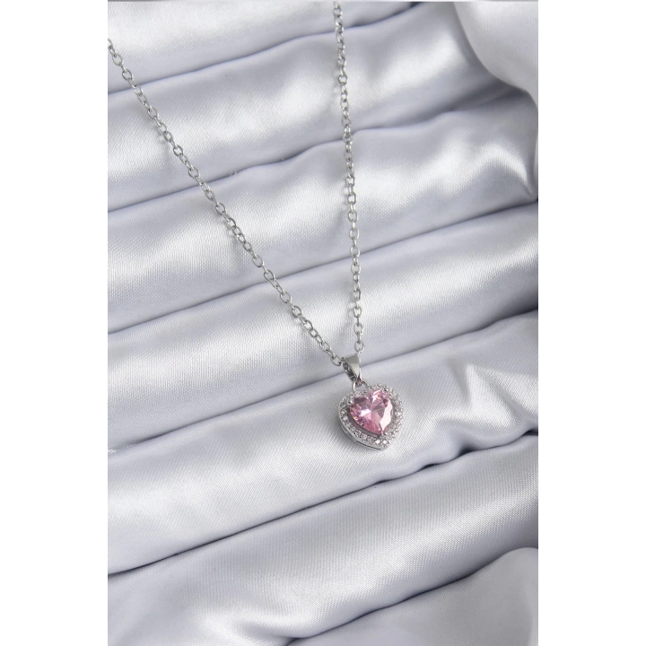 BFS 316L Çelik Zincir Gümüş Renk Pembe Zirkon Taş Charm Model Kadın Kolye