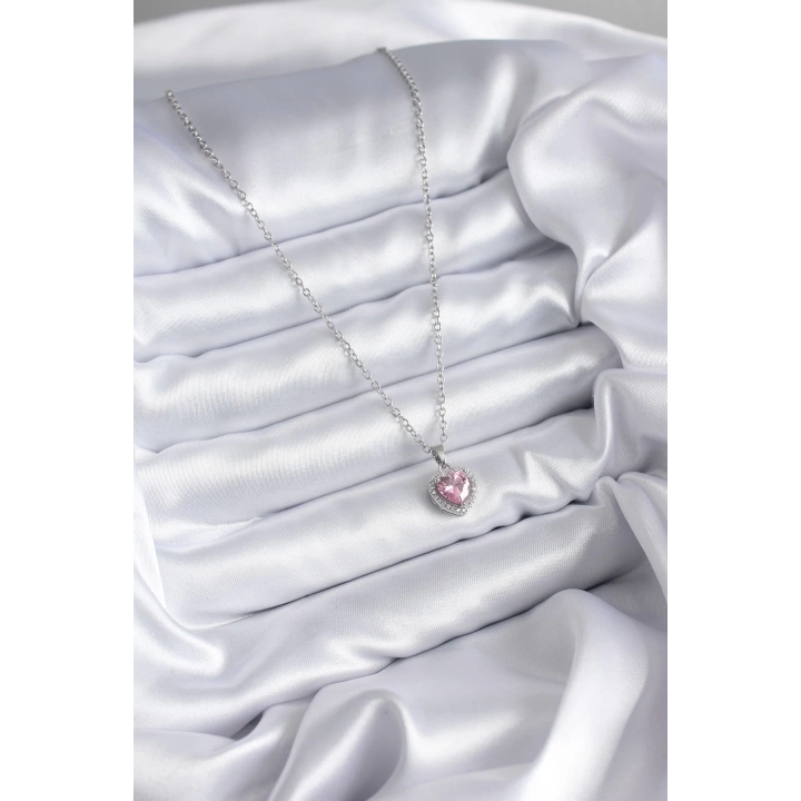 BFS 316L Çelik Zincir Gümüş Renk Pembe Zirkon Taş Charm Model Kadın Kolye