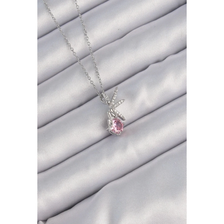 BFS 316L Çelik Zincir Gümüş Renk Pembe Zirkon Taşlı Peri Kolye