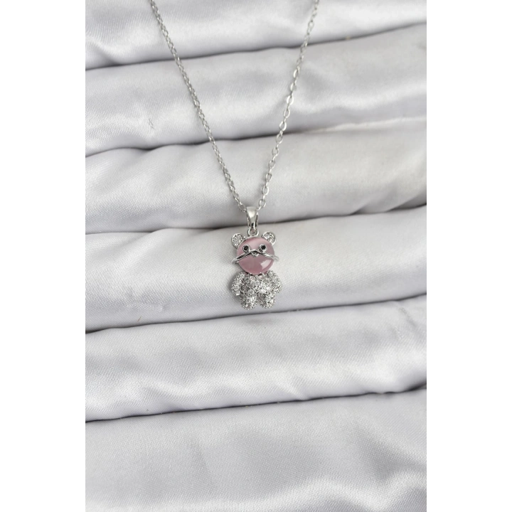 BFS 316L Çelik Zincir Gümüş Renk Teddy Bear Model Zirkon Taşlı Kadın Kolye