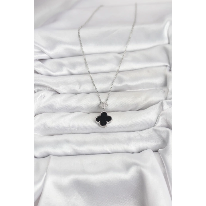 BFS 316L Çelik Zincir Gümüş Renk Yonca Model Zirkon Taşlı Kadın Kolye