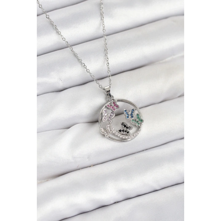 BFS 316L Çelik Zincir Gümüş Renk Zirkon Taşlı Kelebekli Kadın Kolye