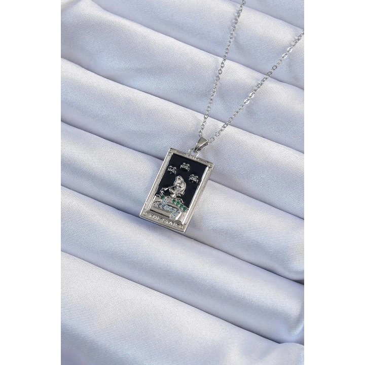 BFS 316L Çelik Zincir Gümüş Renk Zirkon Taşlı Siyah Mineli Kız Figürlü Tarot Kolye