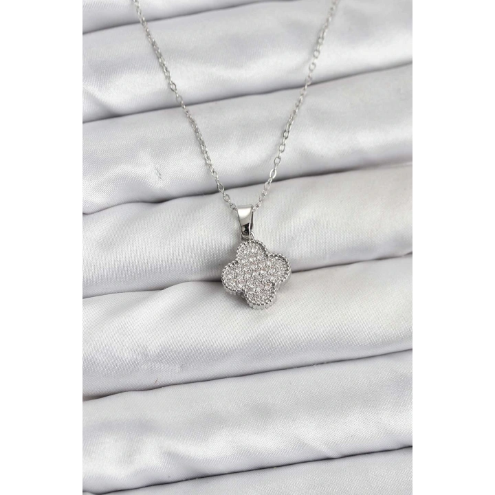 BFS 316L Çelik Zincir Gümüş Renk Zirkon Taşlı Yonca Model Kadın Kolye